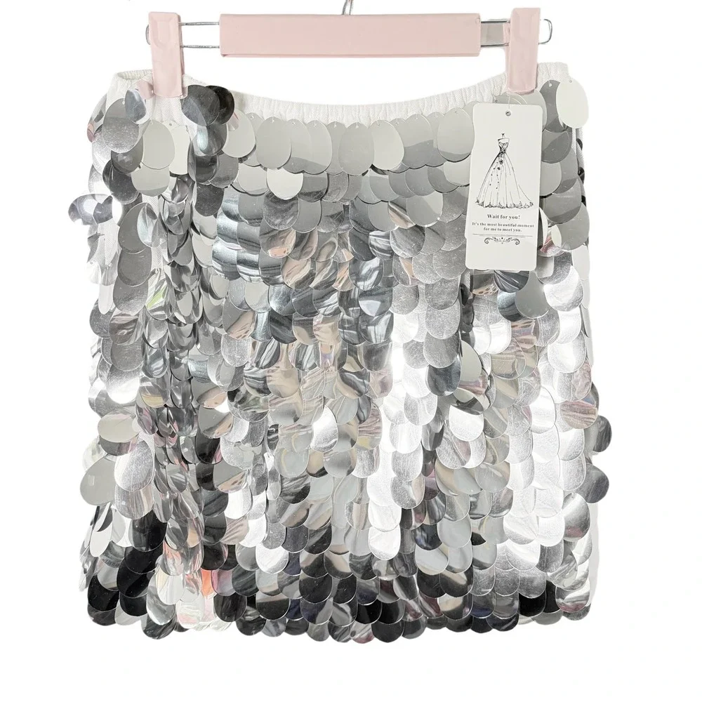 NWT Sparkly Silver Large Sequin‎ Mini Skirt - Small